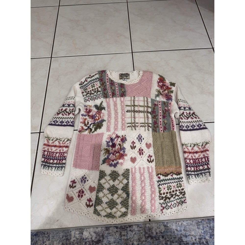 Vintage Floral Patchwork Cableknit Women's Sweater Cream Cottagecore M 1995